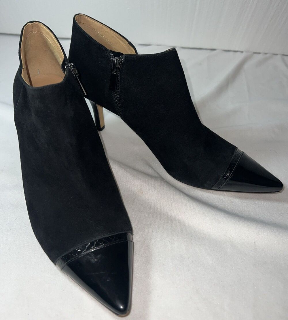 Trotters Alana Pointed Toe Heel Booties Women’s Size 8 M, Black Suede Patent Toe